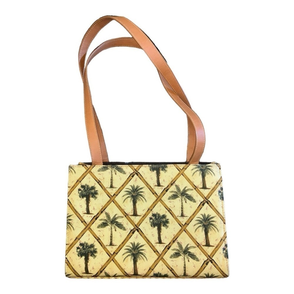 Palm Tree Faux Bamboo Square Canvas Purse Tan Green Medium 11”X 7.5”X 5”